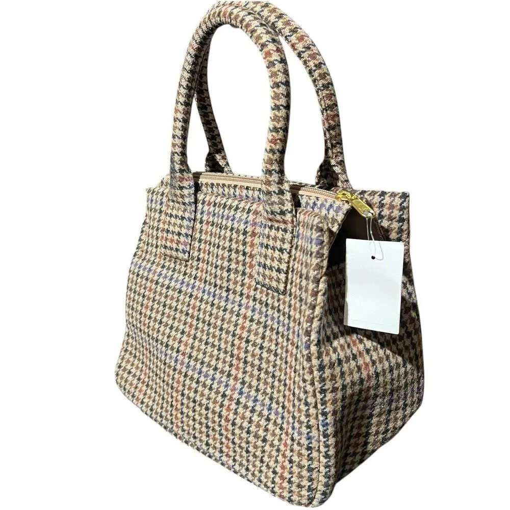 J Crew Handbag Tan Wool Blend Houndstooth Structured‎ Top Handle Purse Red